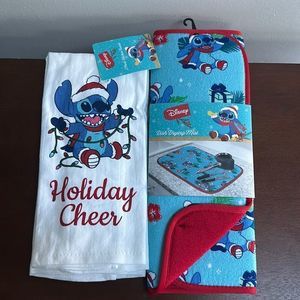 Santa Stitch holiday Cheer kitchen towels and Dish Drying Mat set